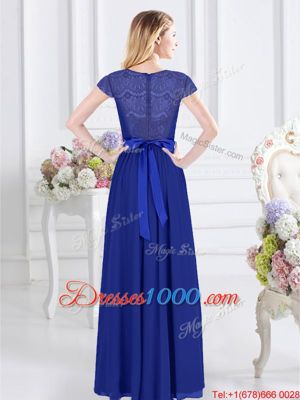 Royal Blue Scoop Neckline Lace and Belt Bridesmaid Gown Short Sleeves Zipper