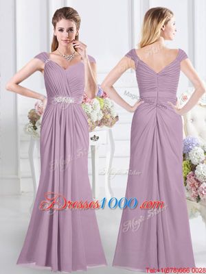 Elegant Lavender Chiffon Zipper Damas Dress Cap Sleeves Floor Length Beading and Ruching