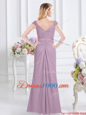 Elegant Lavender Chiffon Zipper Damas Dress Cap Sleeves Floor Length Beading and Ruching