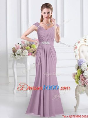 Elegant Lavender Chiffon Zipper Damas Dress Cap Sleeves Floor Length Beading and Ruching