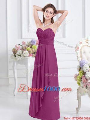 Affordable Fuchsia Chiffon Zipper Wedding Party Dress Sleeveless Floor Length Ruching