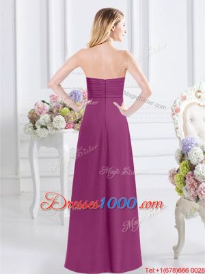 Affordable Fuchsia Chiffon Zipper Wedding Party Dress Sleeveless Floor Length Ruching