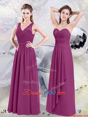 Affordable Fuchsia Chiffon Zipper Wedding Party Dress Sleeveless Floor Length Ruching