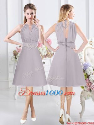 Glittering Scoop Lace and Appliques and Belt Bridesmaids Dress Grey Lace Up Sleeveless Knee Length