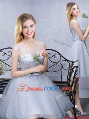 Glittering Scoop Lace and Appliques and Belt Bridesmaids Dress Grey Lace Up Sleeveless Knee Length