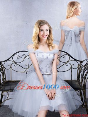 Glittering Scoop Lace and Appliques and Belt Bridesmaids Dress Grey Lace Up Sleeveless Knee Length