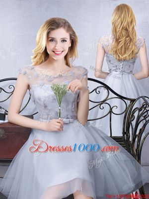 Glittering Scoop Lace and Appliques and Belt Bridesmaids Dress Grey Lace Up Sleeveless Knee Length