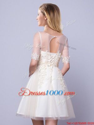 Attractive Scoop Half Sleeves Lace Up Bridesmaid Dresses Champagne Tulle