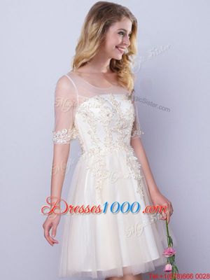 Attractive Scoop Half Sleeves Lace Up Bridesmaid Dresses Champagne Tulle