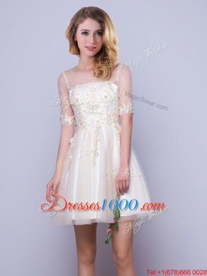 Attractive Scoop Half Sleeves Lace Up Bridesmaid Dresses Champagne Tulle