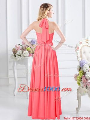 Trendy Watermelon Red Halter Top Neckline Ruching Quinceanera Dama Dress Sleeveless Zipper