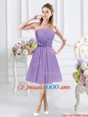 Captivating Chiffon Sleeveless Knee Length Bridesmaids Dress and Ruching and Hand Made Flower