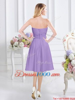 Captivating Chiffon Sleeveless Knee Length Bridesmaids Dress and Ruching and Hand Made Flower