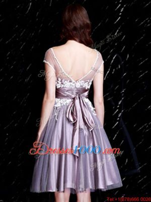 Classical Lavender Zipper V-neck Appliques and Belt Bridesmaids Dress Tulle Short Sleeves