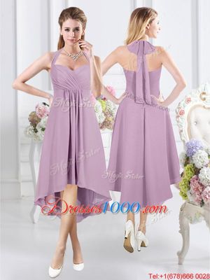 Dynamic Halter Top Lavender A-line Ruching Bridesmaid Dresses Zipper Chiffon Sleeveless Knee Length