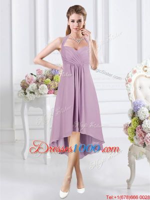 Dynamic Halter Top Lavender A-line Ruching Bridesmaid Dresses Zipper Chiffon Sleeveless Knee Length