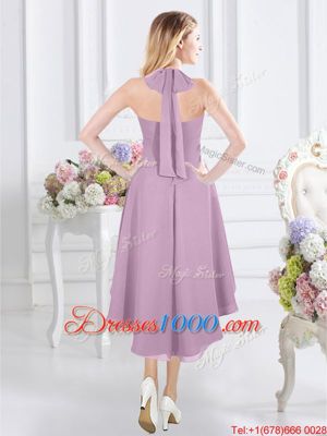Dynamic Halter Top Lavender A-line Ruching Bridesmaid Dresses Zipper Chiffon Sleeveless Knee Length