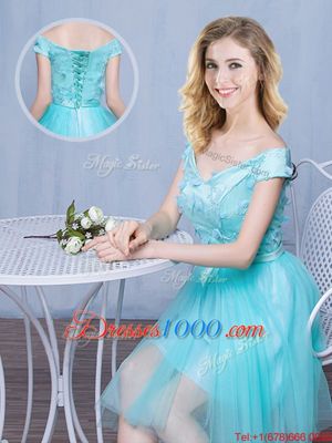 Customized Off the Shoulder Aqua Blue Tulle Lace Up Wedding Party Dress Cap Sleeves Knee Length Lace and Appliques and Bowknot