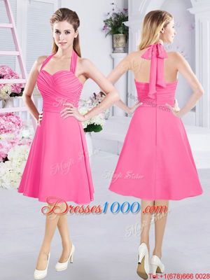 High Class A-line Dama Dress Hot Pink Halter Top Chiffon Sleeveless Knee Length Zipper