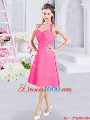 High Class A-line Dama Dress Hot Pink Halter Top Chiffon Sleeveless Knee Length Zipper
