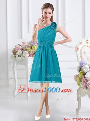 Exceptional One Shoulder Knee Length Empire Sleeveless Teal Bridesmaid Dress Side Zipper