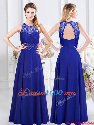 Royal Blue Chiffon Backless Scoop Sleeveless Floor Length Quinceanera Court Dresses Lace