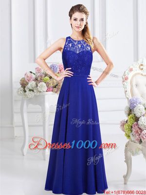 Royal Blue Chiffon Backless Scoop Sleeveless Floor Length Quinceanera Court Dresses Lace