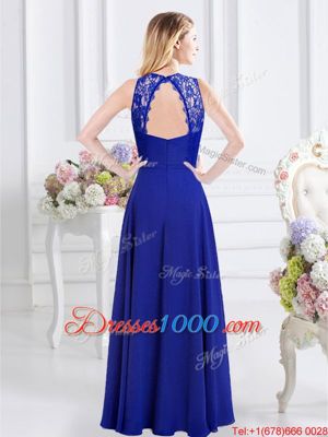 Royal Blue Chiffon Backless Scoop Sleeveless Floor Length Quinceanera Court Dresses Lace