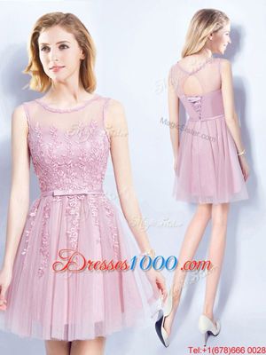 Sleeveless Lace Up Mini Length Appliques and Belt Vestidos de Damas