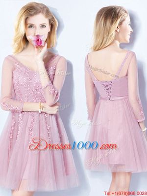 Sleeveless Lace Up Mini Length Appliques and Belt Vestidos de Damas