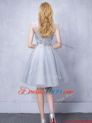 Modern Grey Scoop Lace Up Lace and Appliques and Belt Bridesmaid Gown Cap Sleeves