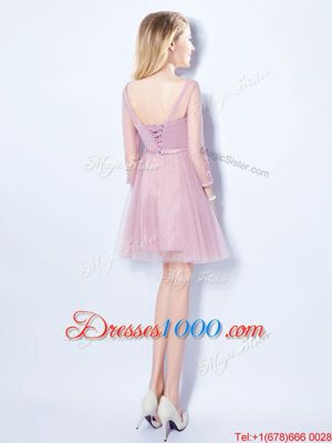 Pink Sleeveless Appliques and Belt Mini Length Bridesmaids Dress