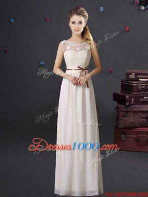 Popular Scoop See Through Floor Length White Quinceanera Court of Honor Dress Chiffon Sleeveless Lace and Appliques and Belt