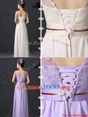 Popular Scoop See Through Floor Length White Quinceanera Court of Honor Dress Chiffon Sleeveless Lace and Appliques and Belt