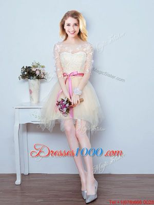 Most Popular Scoop Champagne Half Sleeves Lace and Appliques and Ruffles and Bowknot Mini Length Bridesmaid Dress