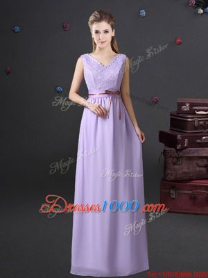 Designer Lavender Lace Up V-neck Lace and Belt Quinceanera Court of Honor Dress Chiffon Sleeveless
