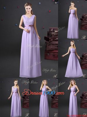 Designer Lavender Lace Up V-neck Lace and Belt Quinceanera Court of Honor Dress Chiffon Sleeveless