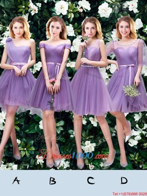 Sexy One Shoulder Sleeveless Bridesmaid Dress Mini Length Beading and Appliques and Ruffles and Ruching and Belt and Hand Made Flower Lavender Tulle