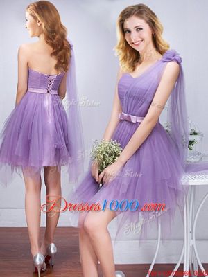 Sexy One Shoulder Sleeveless Bridesmaid Dress Mini Length Beading and Appliques and Ruffles and Ruching and Belt and Hand Made Flower Lavender Tulle