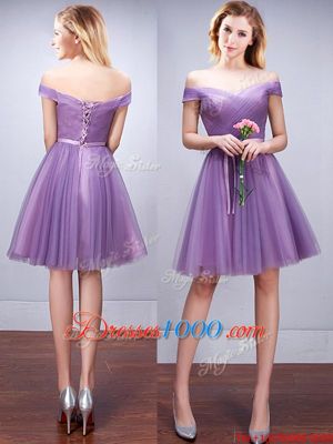 Sexy One Shoulder Sleeveless Bridesmaid Dress Mini Length Beading and Appliques and Ruffles and Ruching and Belt and Hand Made Flower Lavender Tulle