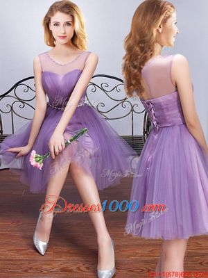 Sexy One Shoulder Sleeveless Bridesmaid Dress Mini Length Beading and Appliques and Ruffles and Ruching and Belt and Hand Made Flower Lavender Tulle