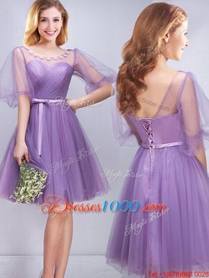 Sexy One Shoulder Sleeveless Bridesmaid Dress Mini Length Beading and Appliques and Ruffles and Ruching and Belt and Hand Made Flower Lavender Tulle