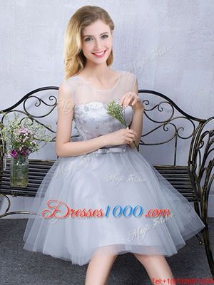 Grey Tulle Lace Up Scoop Sleeveless Knee Length Quinceanera Court of Honor Dress Lace and Appliques and Belt