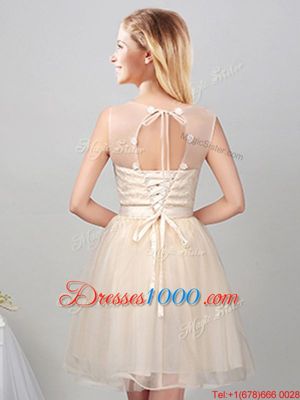 Best Champagne A-line Scoop Sleeveless Tulle Mini Length Lace Up Lace and Appliques and Belt Wedding Guest Dresses