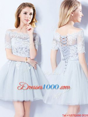 Dynamic Off the Shoulder Short Sleeves Mini Length Lace Lace Up Wedding Guest Dresses with Light Blue