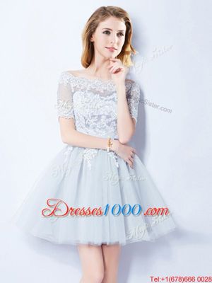 Dynamic Off the Shoulder Short Sleeves Mini Length Lace Lace Up Wedding Guest Dresses with Light Blue