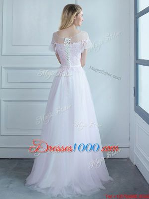 Free and Easy Scoop White Short Sleeves Sweep Train Lace and Belt Dama Dress for Quinceanera