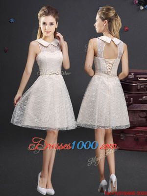 Sleeveless Knee Length Lace and Appliques Lace Up Damas Dress with Champagne