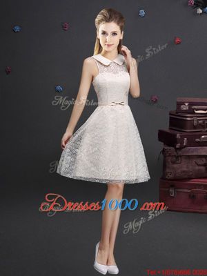 Sleeveless Knee Length Lace and Appliques Lace Up Damas Dress with Champagne