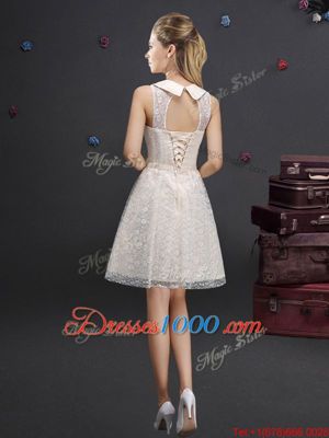 Sleeveless Knee Length Lace and Appliques Lace Up Damas Dress with Champagne